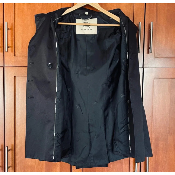 Burberry London Trench Coat Jacket Mid Length Double Breasted Black Size 6 - Picture 12 of 16